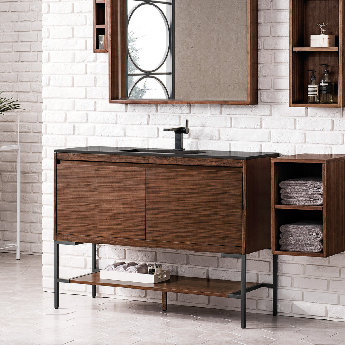 47.3" Mantova Single Bathroom Vanity, Mid-Century Walnut w/ Matte Black Base