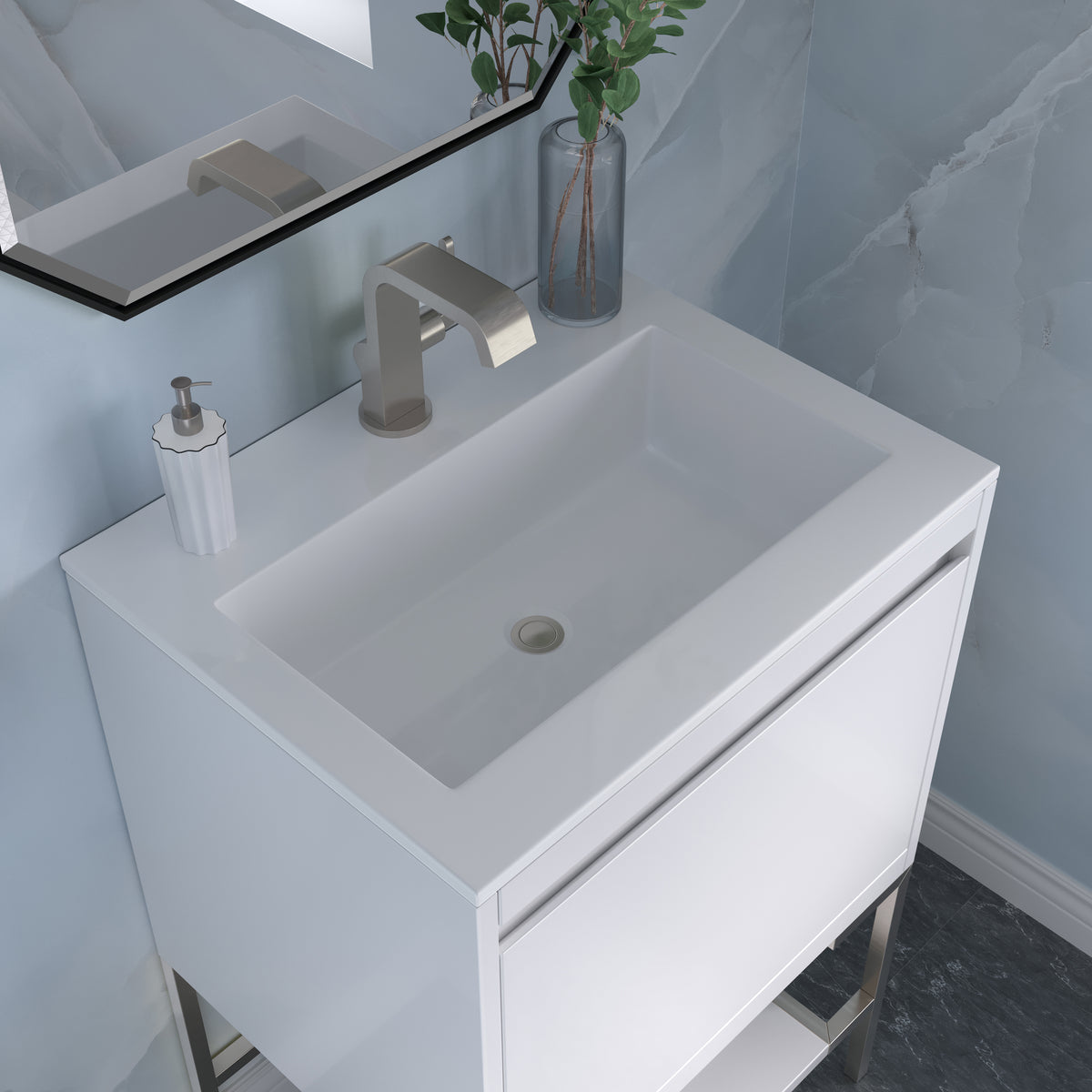 23.6" Mantova Single Bathroom Vanity, Glossy White w/ Brushed Nickel Base