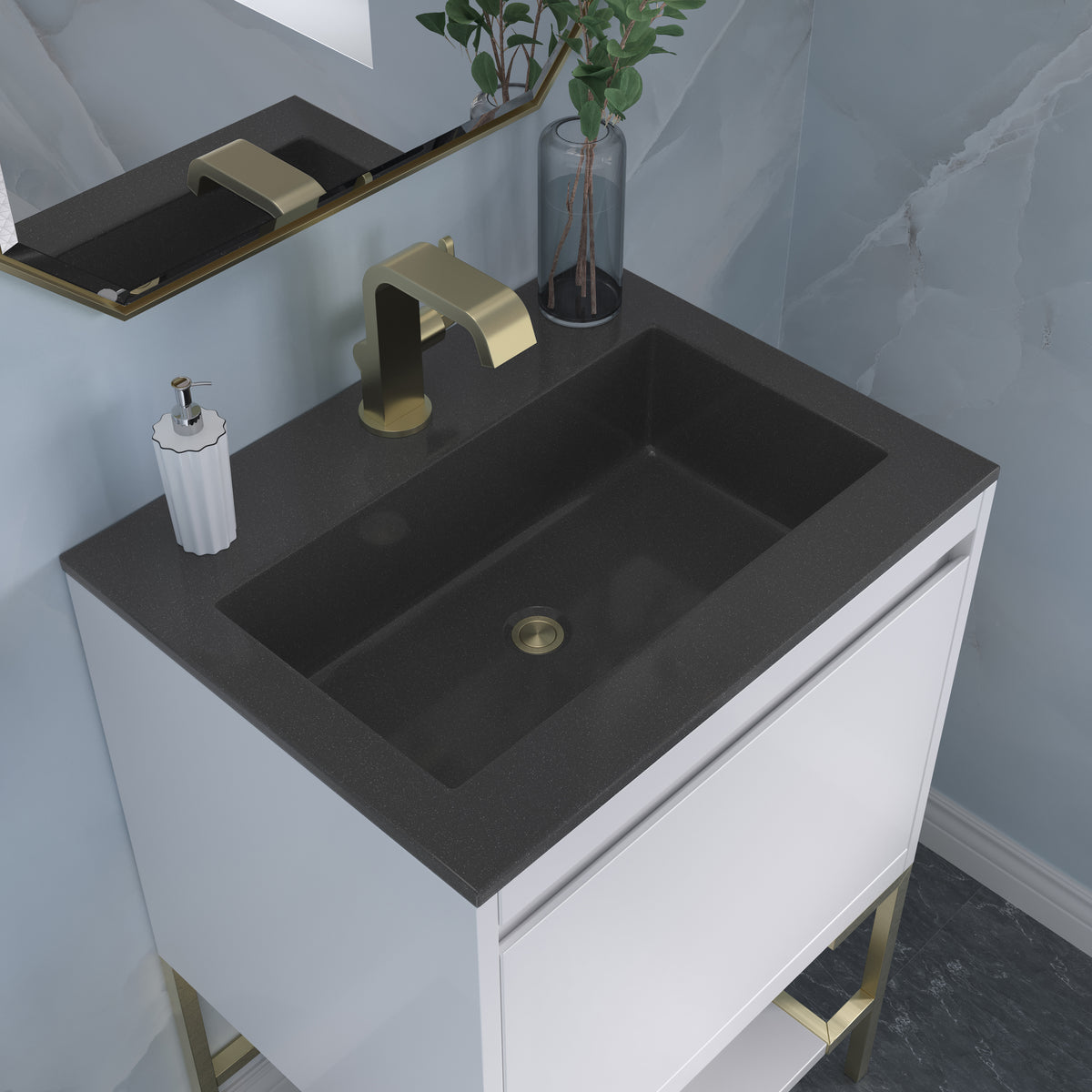 23.6" Mantova Single Bathroom Vanity, Glossy White w/ Champagne Brass Base