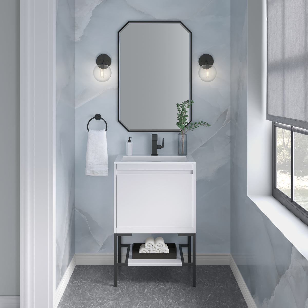 23.6" Mantova Single Bathroom Vanity, Glossy White w/ Matte Black Base