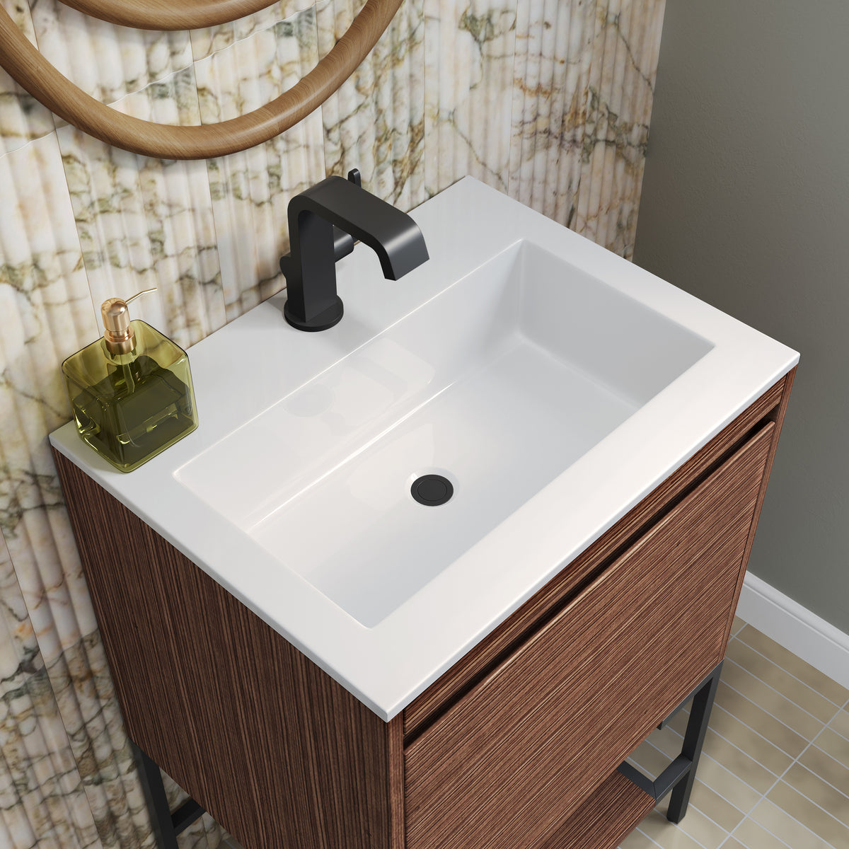 23.6" Mantova Single Bathroom Vanity, Mid-Century Walnut w/ Matte Black Base