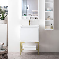 23.6" Mantova Single Bathroom Vanity, Glossy White w/ Champagne Brass Base