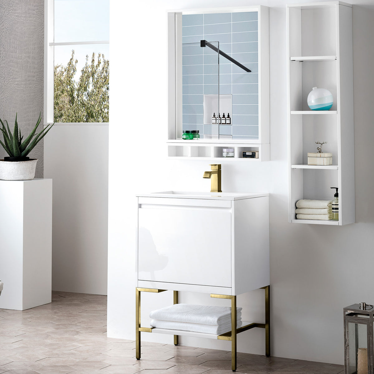 23.6" Mantova Single Bathroom Vanity, Glossy White w/ Champagne Brass Base