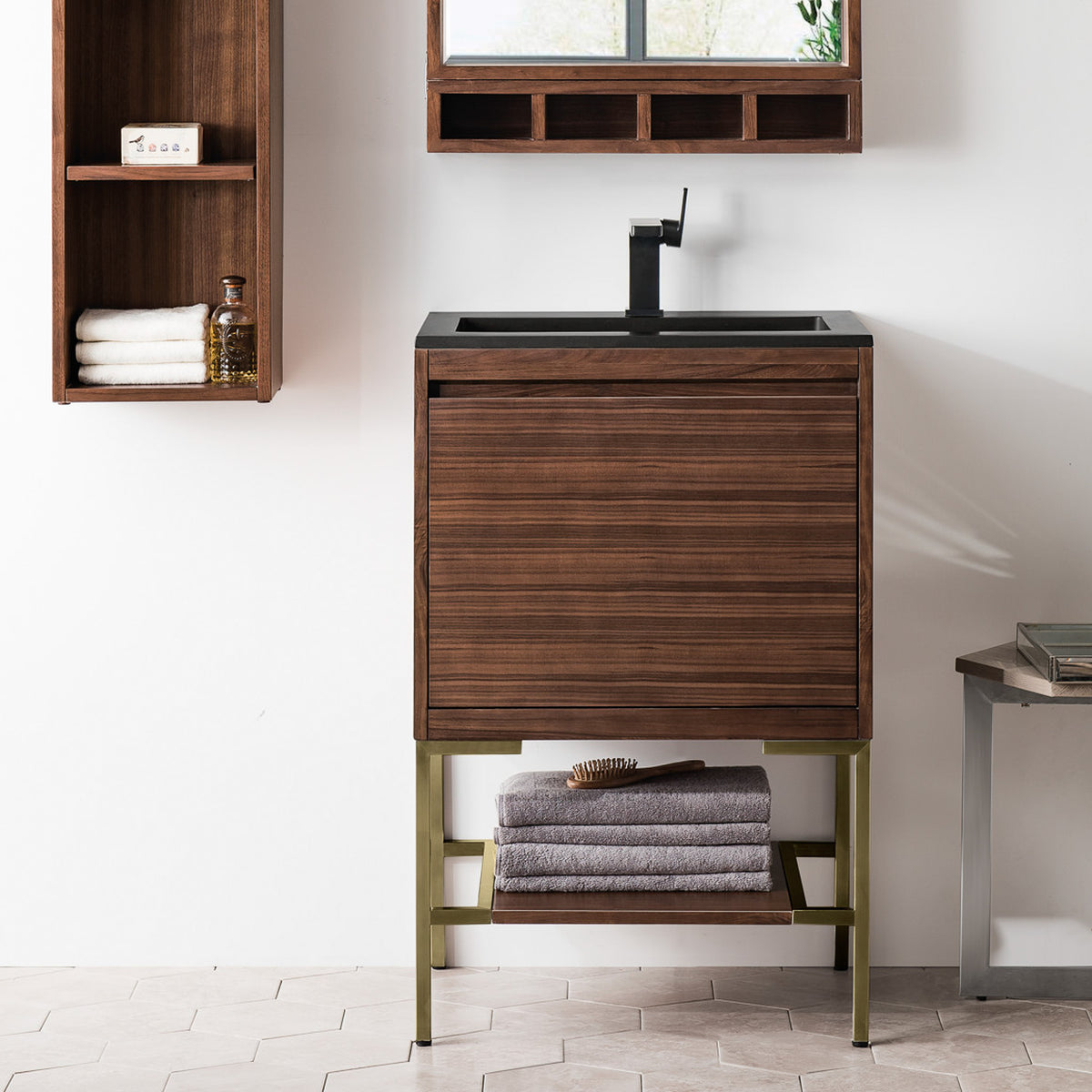 23.6" Mantova Single Bathroom Vanity, Mid-Century Walnut w/ Champagne Brass Base