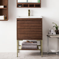 23.6" Mantova Single Bathroom Vanity, Mid-Century Walnut w/ Champagne Brass Base