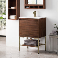 23.6" Mantova Single Bathroom Vanity, Mid-Century Walnut w/ Champagne Brass Base