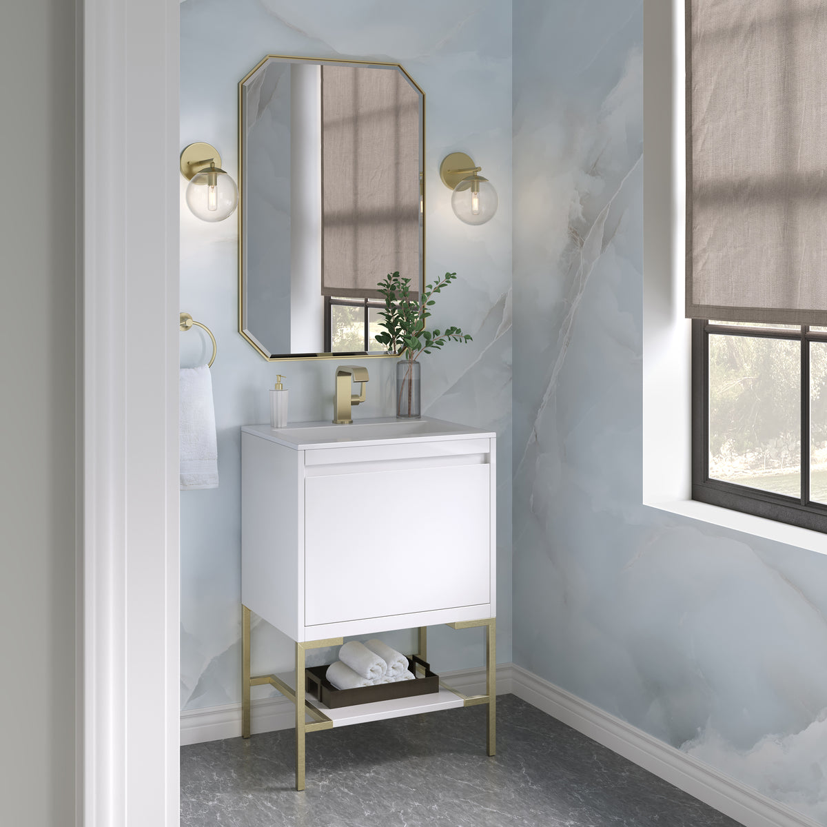 23.6" Mantova Single Bathroom Vanity, Glossy White w/ Champagne Brass Base