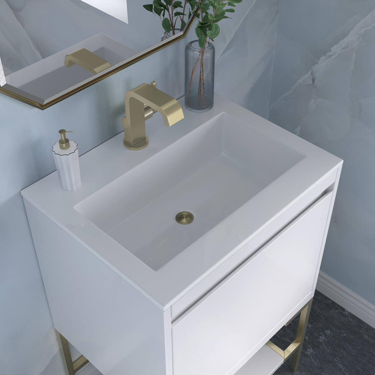 23.6" Mantova Single Bathroom Vanity, Glossy White w/ Champagne Brass Base