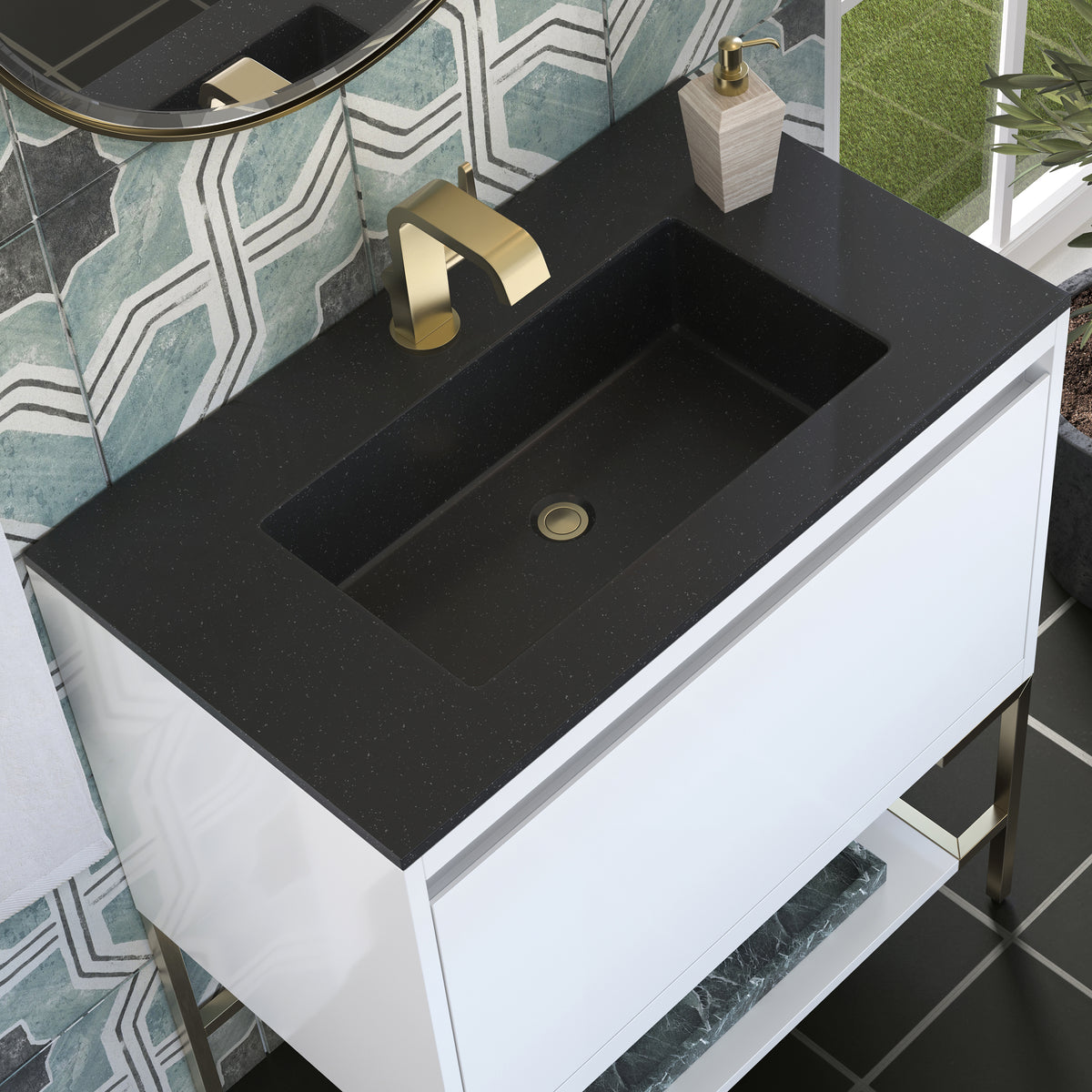 31.5" Mantova Single Bathroom Vanity, Glossy White w/ Champagne Brass Base