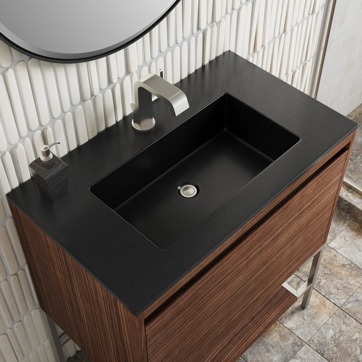 31.5" Mantova Single Bathroom Vanity, Mid-Century Walnut w/ Brushed Nickel Base