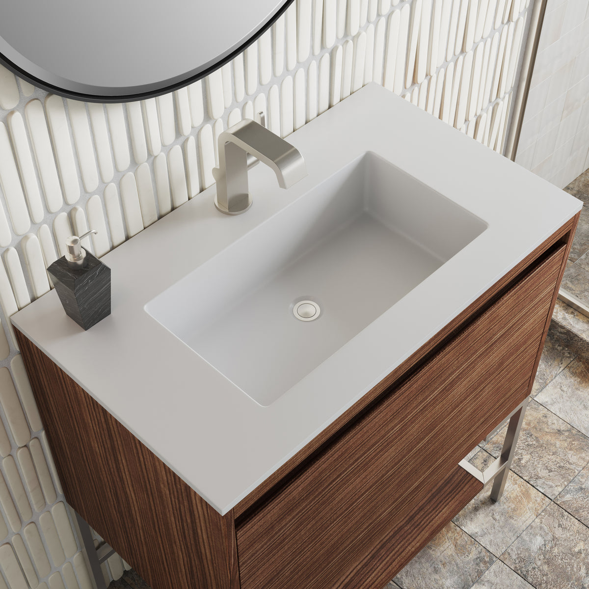 31.5" Mantova Single Bathroom Vanity, Mid-Century Walnut w/ Brushed Nickel Base