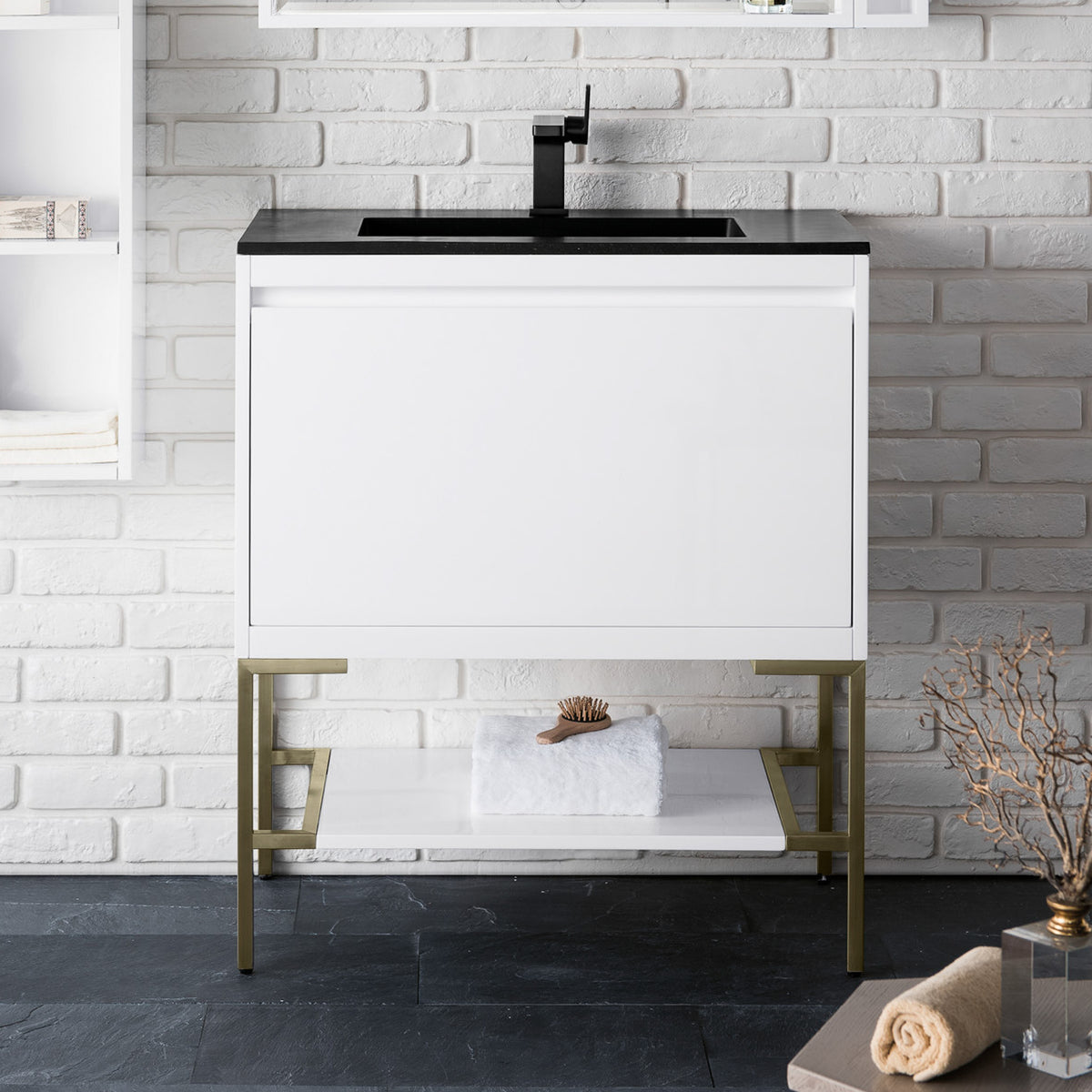 31.5" Mantova Single Bathroom Vanity, Glossy White w/ Champagne Brass Base