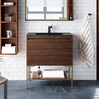 31.5" Mantova Single Bathroom Vanity, Mid-Century Walnut w/ Champagne Brass Base