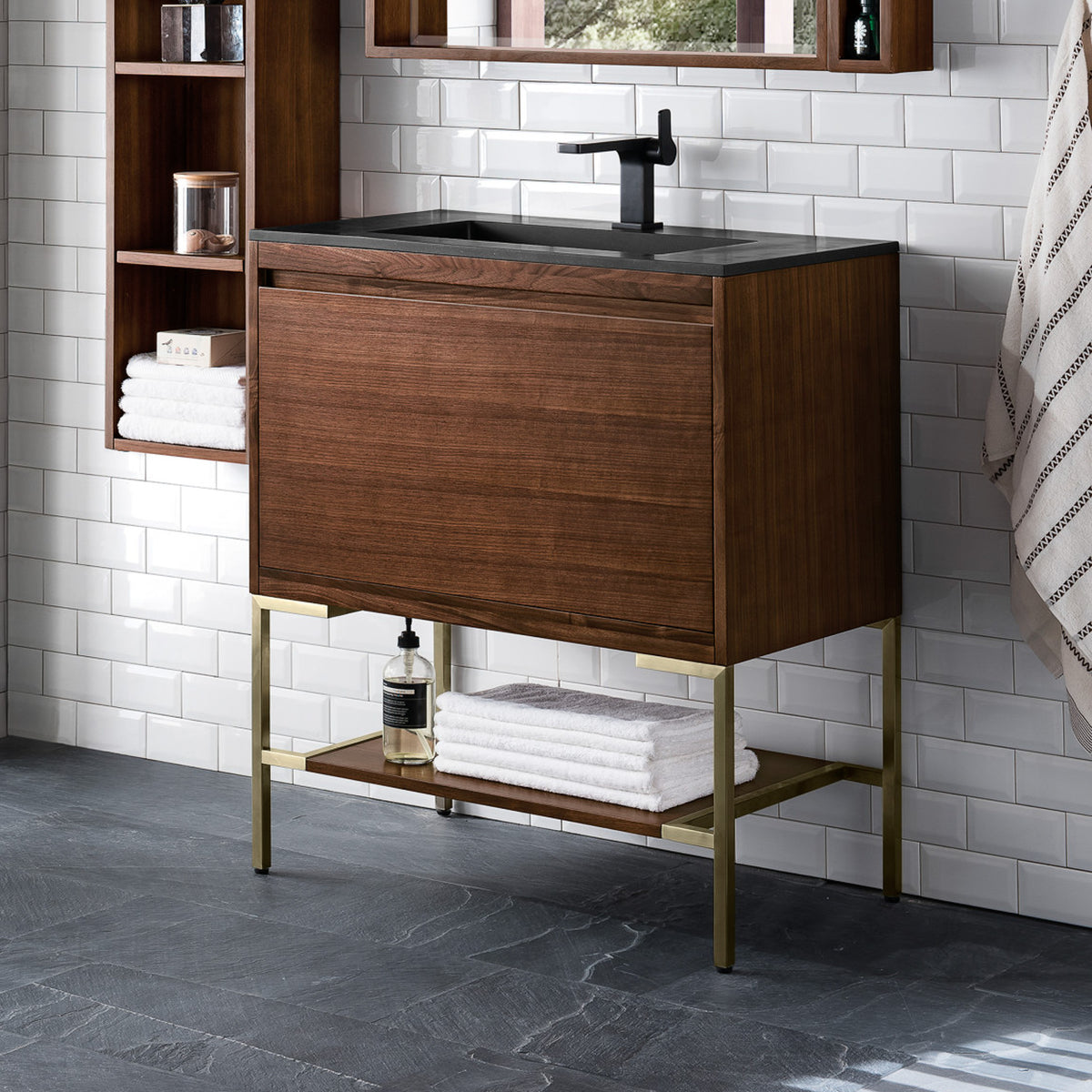 31.5" Mantova Single Bathroom Vanity, Mid-Century Walnut w/ Champagne Brass Base