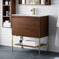 31.5" Mantova Single Bathroom Vanity, Mid-Century Walnut w/ Champagne Brass Base