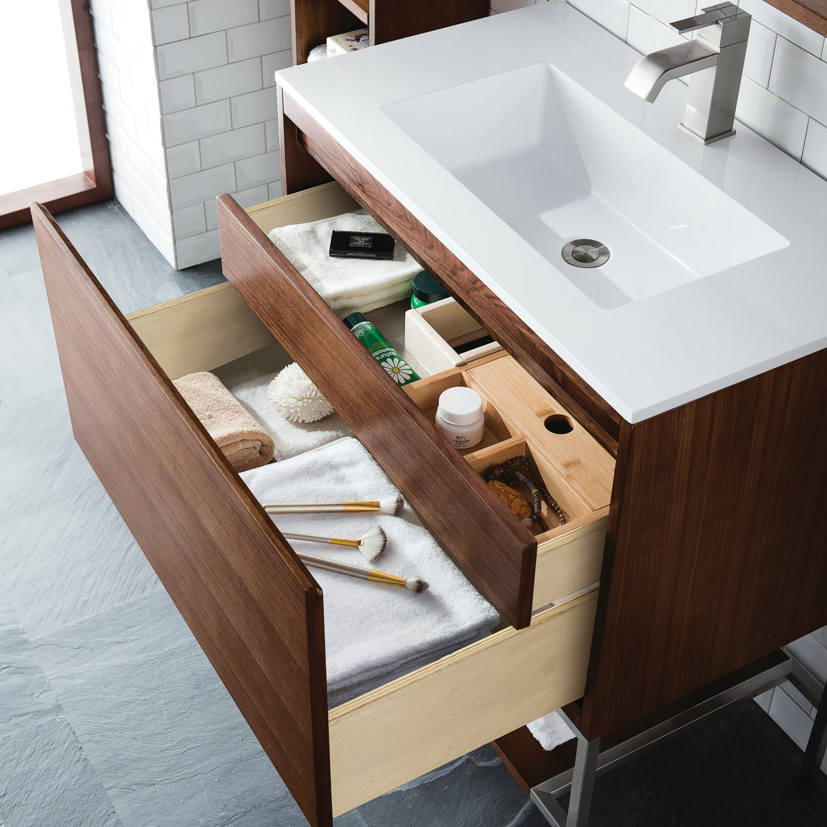 31.5" Mantova Single Bathroom Vanity, Mid-Century Walnut w/ Brushed Nickel Base