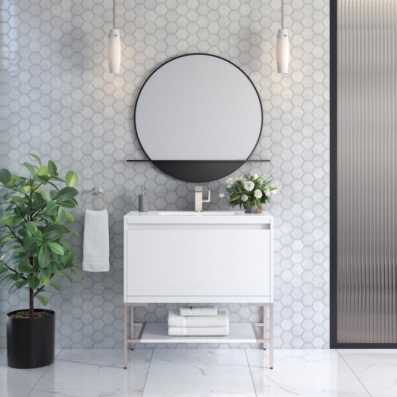 35.4" Mantova Single Bathroom Vanity, Glossy White w/ Brushed Nickel Base