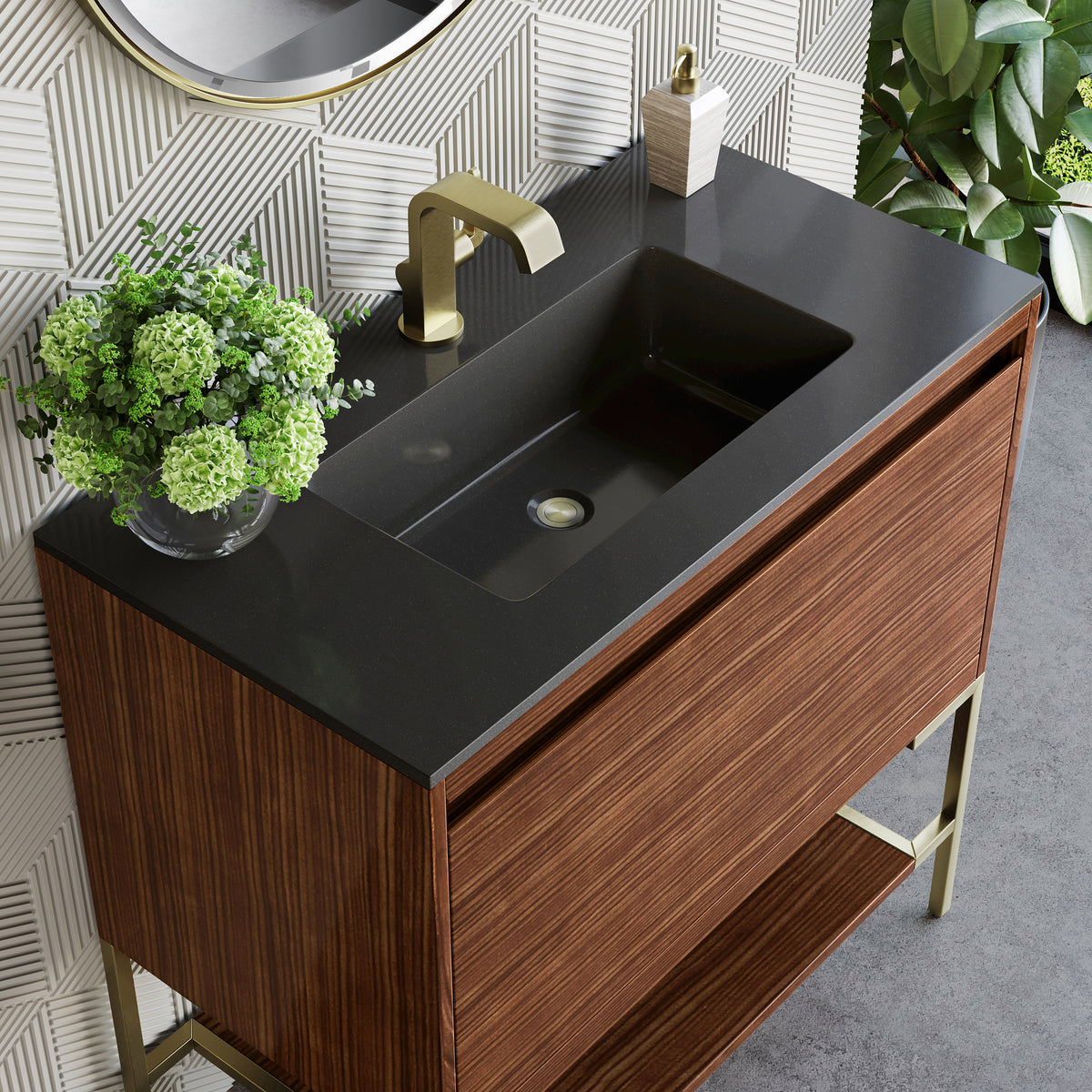 35.4" Mantova Single Bathroom Vanity, Mid-Century Walnut w/ Champagne Brass Base