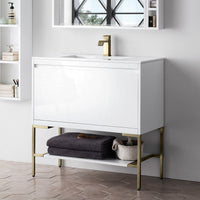 35.4" Mantova Single Bathroom Vanity, Glossy White w/ Champagne Brass Base