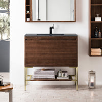 35.4" Mantova Single Bathroom Vanity, Mid-Century Walnut w/ Champagne Brass Base