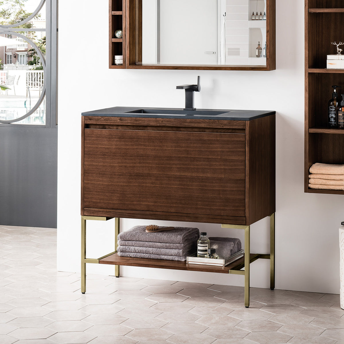 35.4" Mantova Single Bathroom Vanity, Mid-Century Walnut w/ Champagne Brass Base