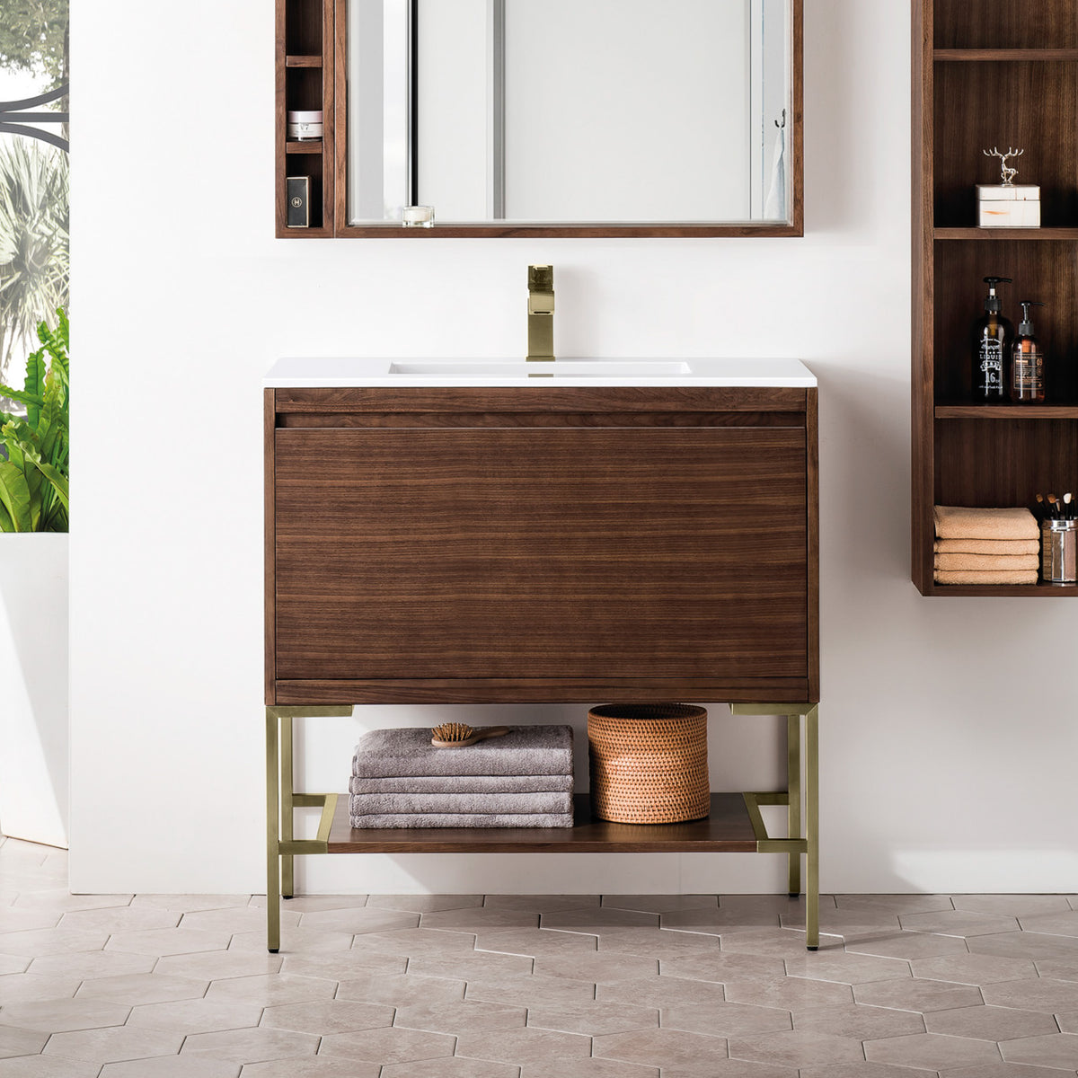 35.4" Mantova Single Bathroom Vanity, Mid-Century Walnut w/ Champagne Brass Base