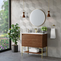 35.4" Mantova Single Bathroom Vanity, Mid-Century Walnut w/ Champagne Brass Base