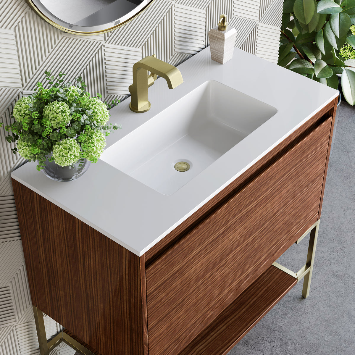 35.4" Mantova Single Bathroom Vanity, Mid-Century Walnut w/ Champagne Brass Base