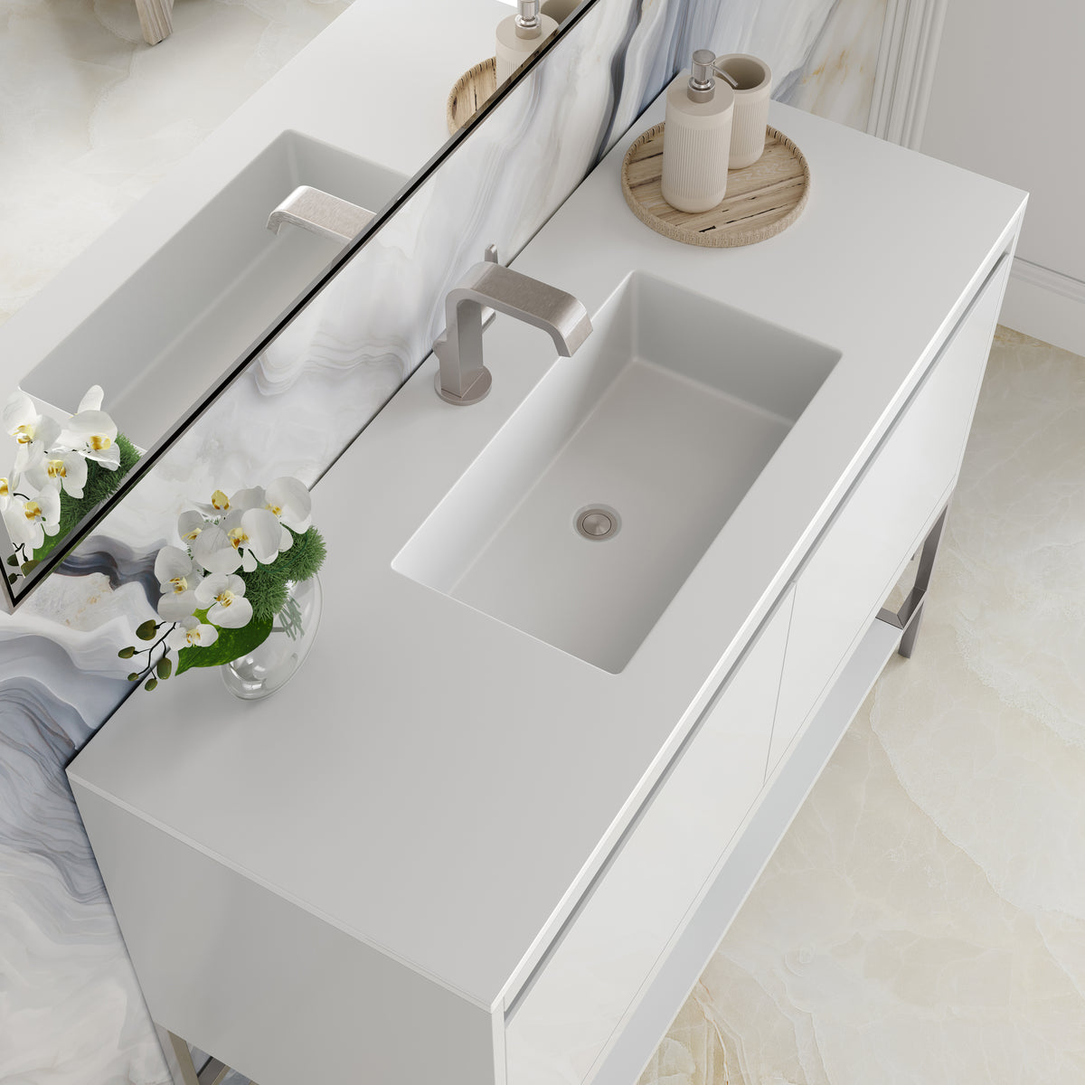 47.3" Mantova Single Bathroom Vanity, Glossy White w/ Brushed Nickel Base