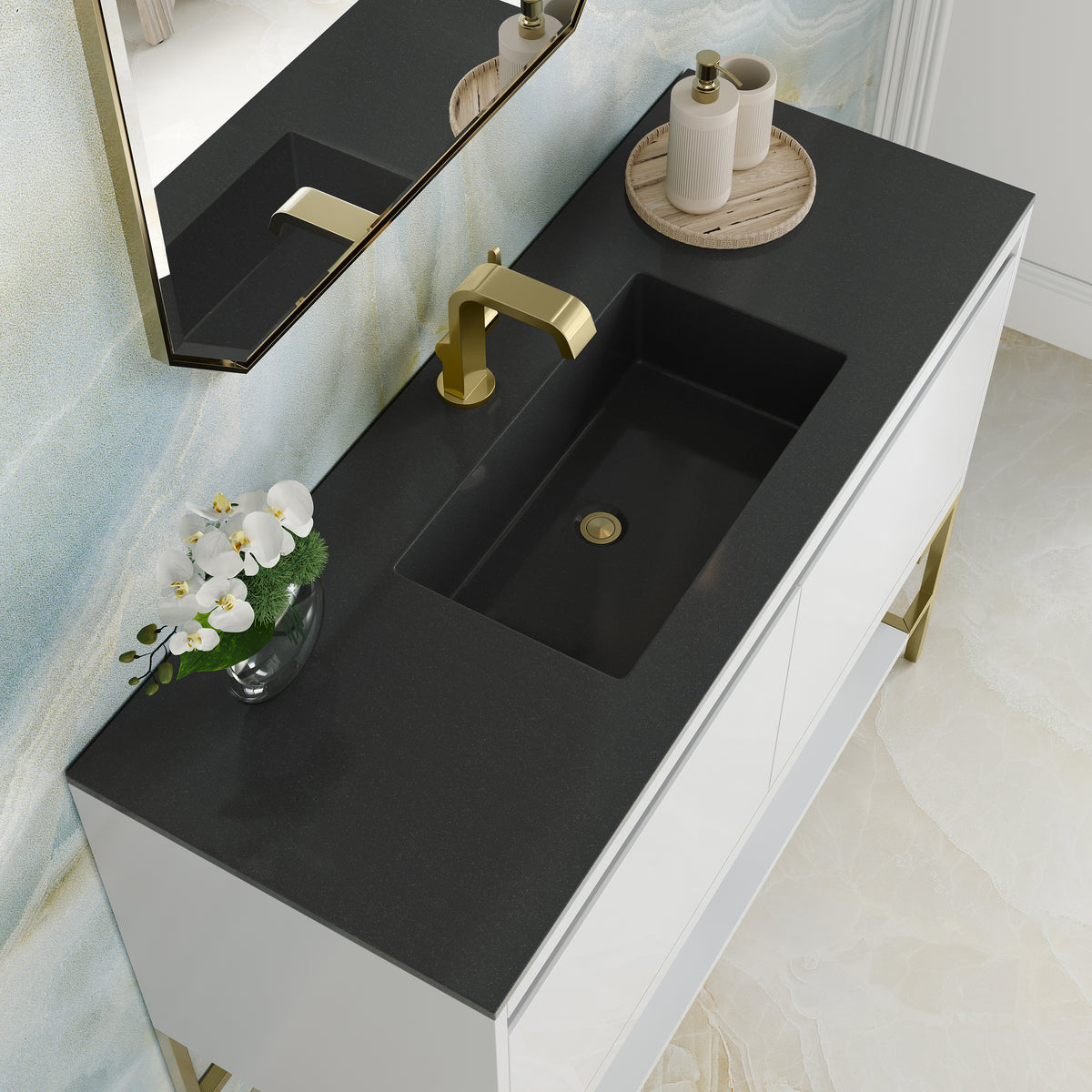 47.3" Mantova Single Bathroom Vanity, Glossy White w/ Champagne Brass Base