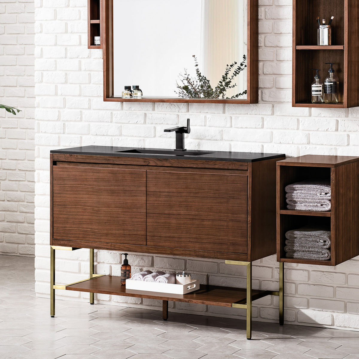 47.3" Mantova Single Bathroom Vanity, Mid-Century Walnut w/ Champagne Brass Base
