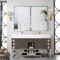 59" Tahoe Double Vanity, Silver Oak, Nickel Base w/ Glossy White Composite Top