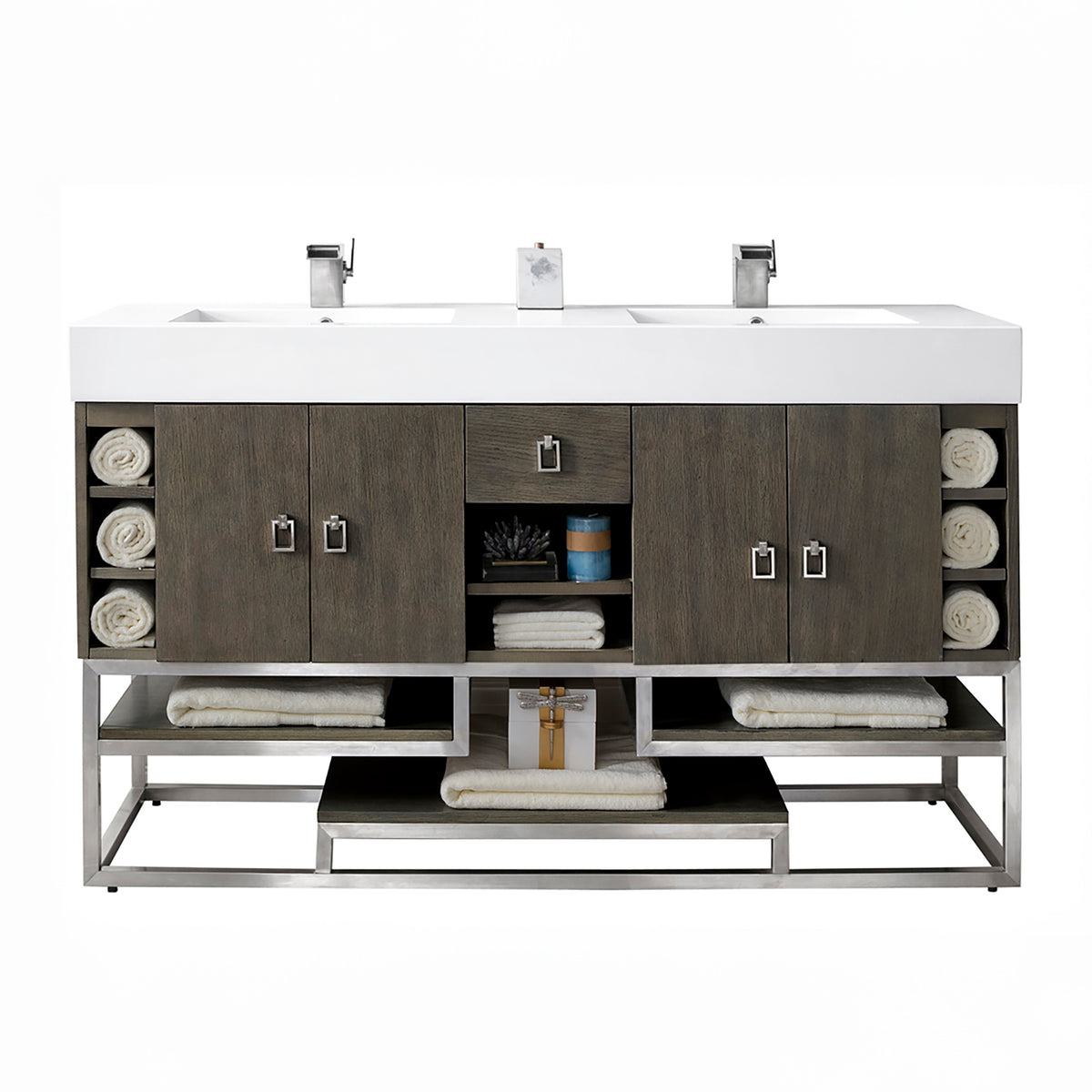 59" Tahoe Double Vanity, Silver Oak, Nickel Base w/ Glossy White Composite Top