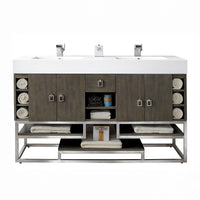 59" Tahoe Double Vanity, Silver Oak, Nickel Base w/ Glossy White Composite Top