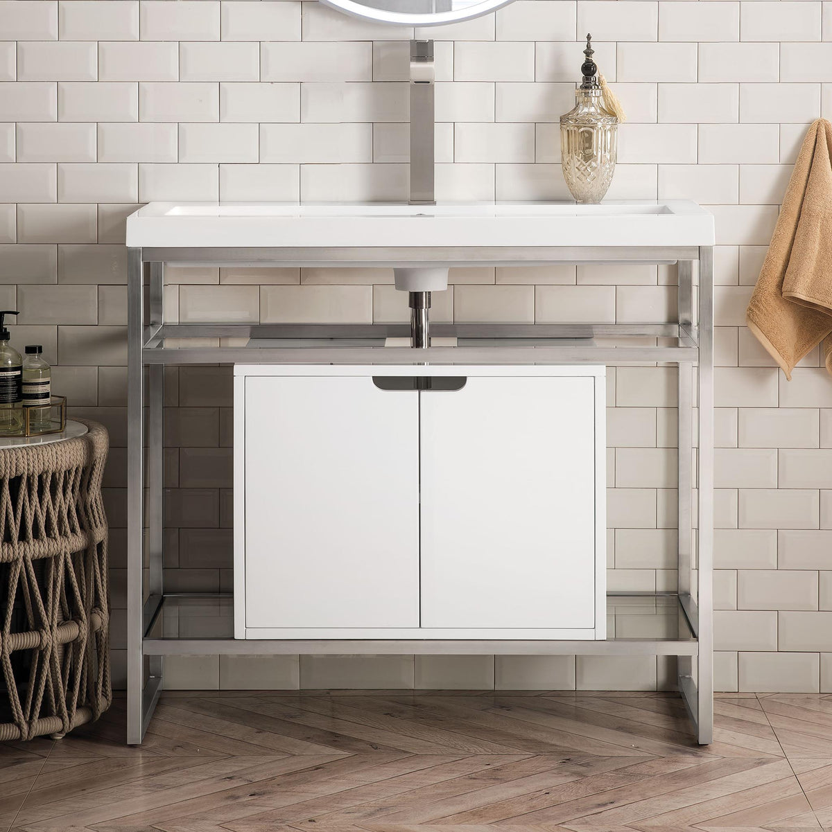 39.5" Boston Single Console Vanity with Brushed Nickel Base & Glossy White Storage, White Composite Top