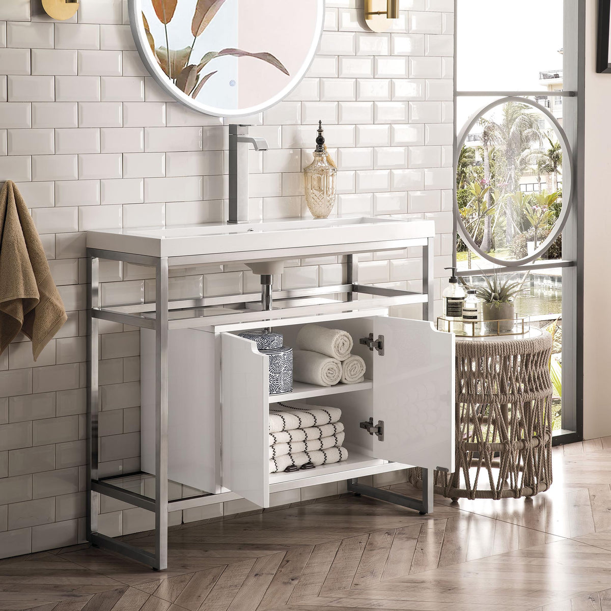 39.5" Boston Single Console Vanity with Brushed Nickel Base & Glossy White Storage, White Composite Top