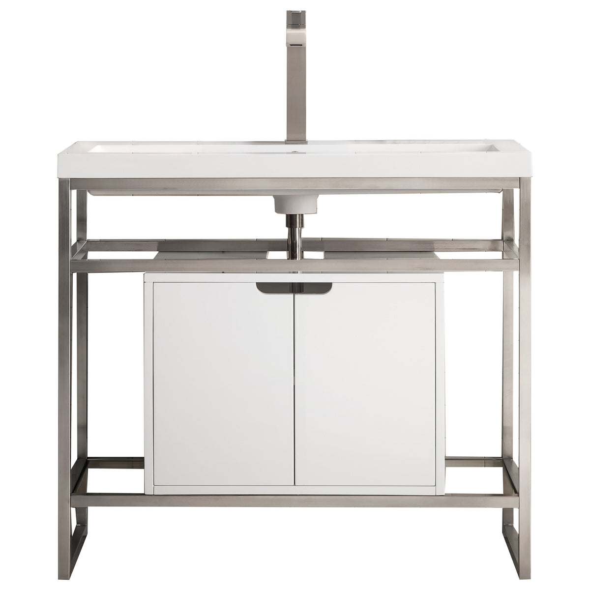 39.5" Boston Single Console Vanity with Brushed Nickel Base & Glossy White Storage, White Composite Top