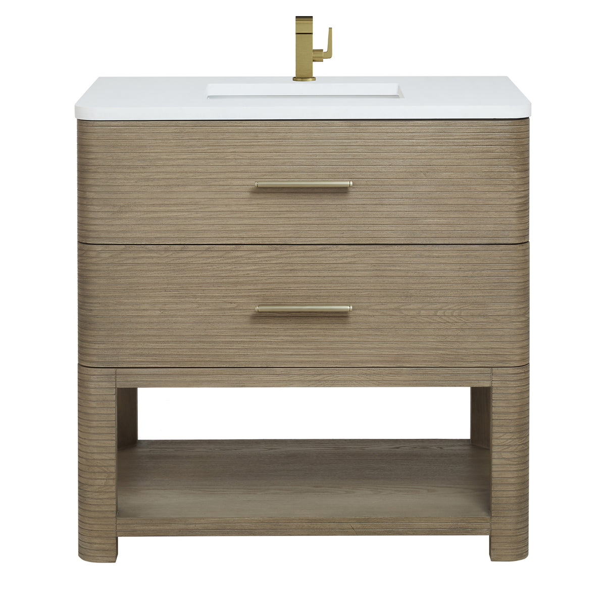 36" Lucian Single Vanity, Pebble Oak with White Zeus Quartz Top