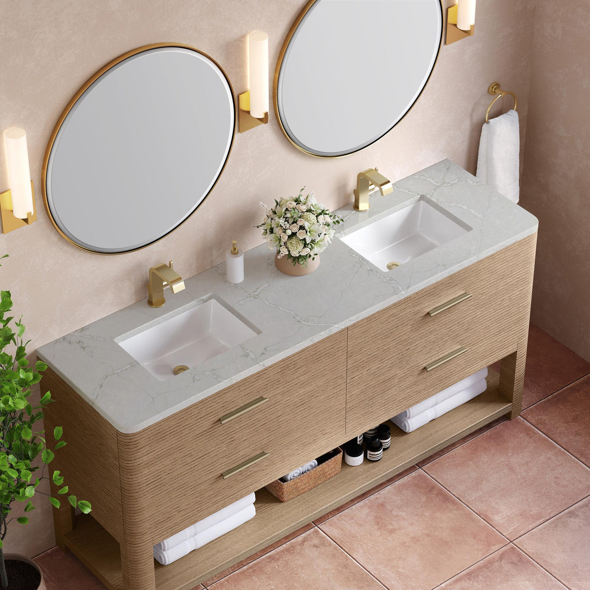 72" Lucian Double Vanity, Pebble Oak with Victorian Silver Quartz Top