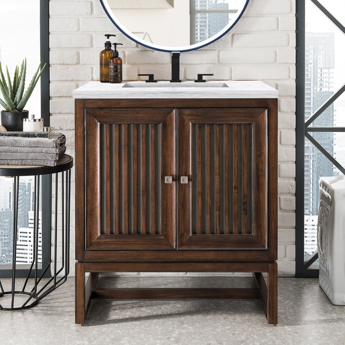 30" Athens Single Vanity Cabinet, Mid-Century Acacia w/ Arctic Fall Top