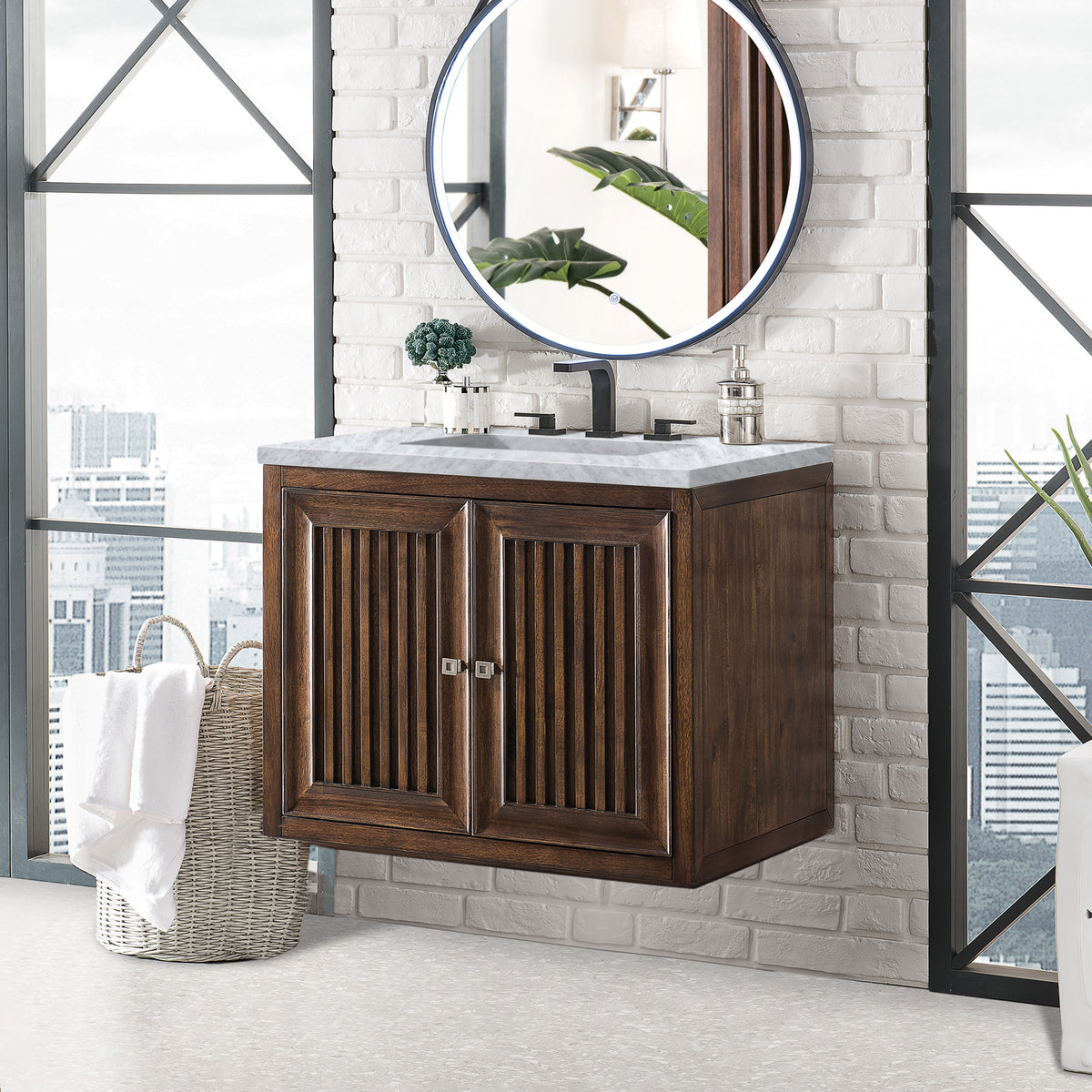 30" Athens Single Vanity Cabinet, Mid-Century Acacia w/ Carrara Marble Top