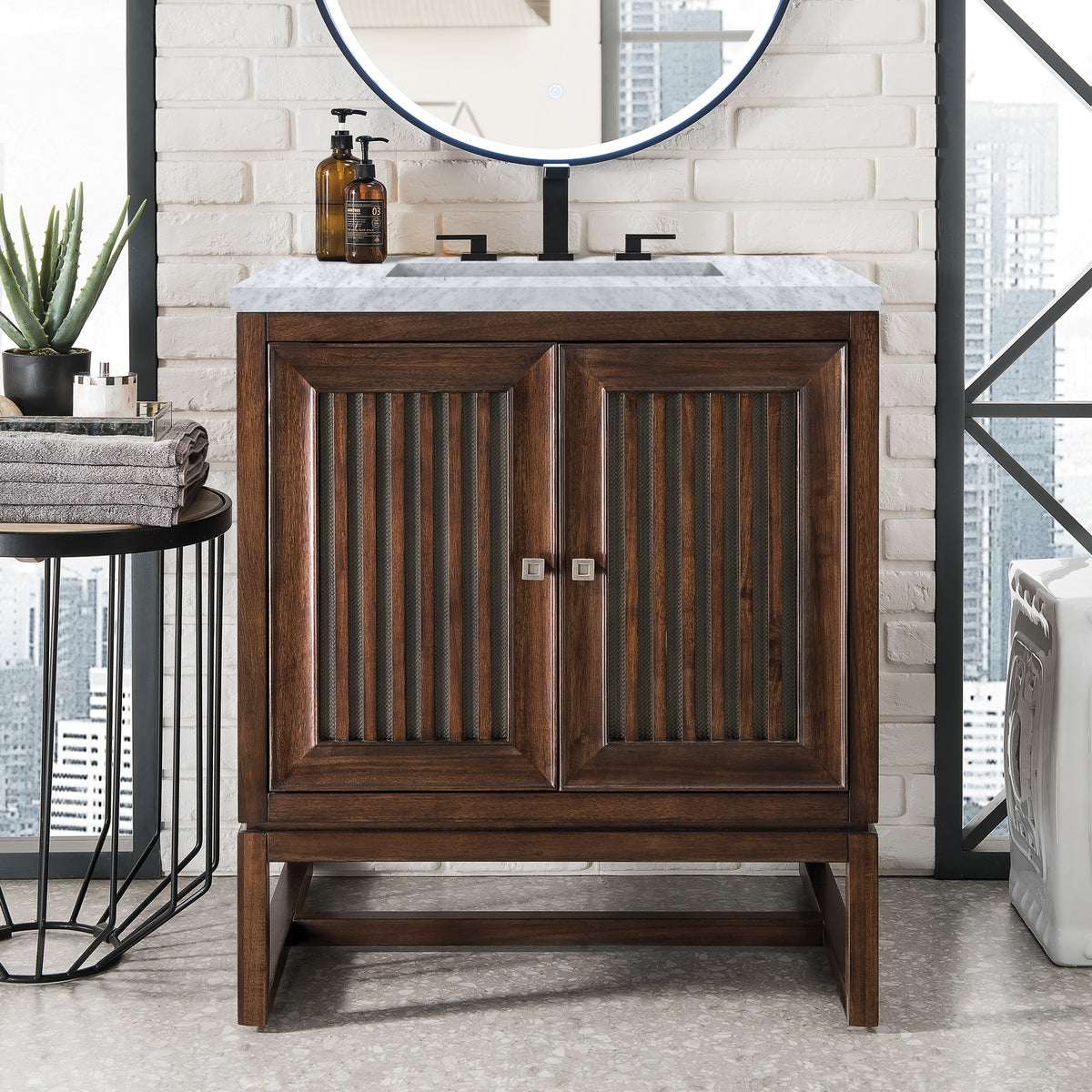 30" Athens Single Vanity Cabinet, Mid-Century Acacia w/ Carrara Marble Top