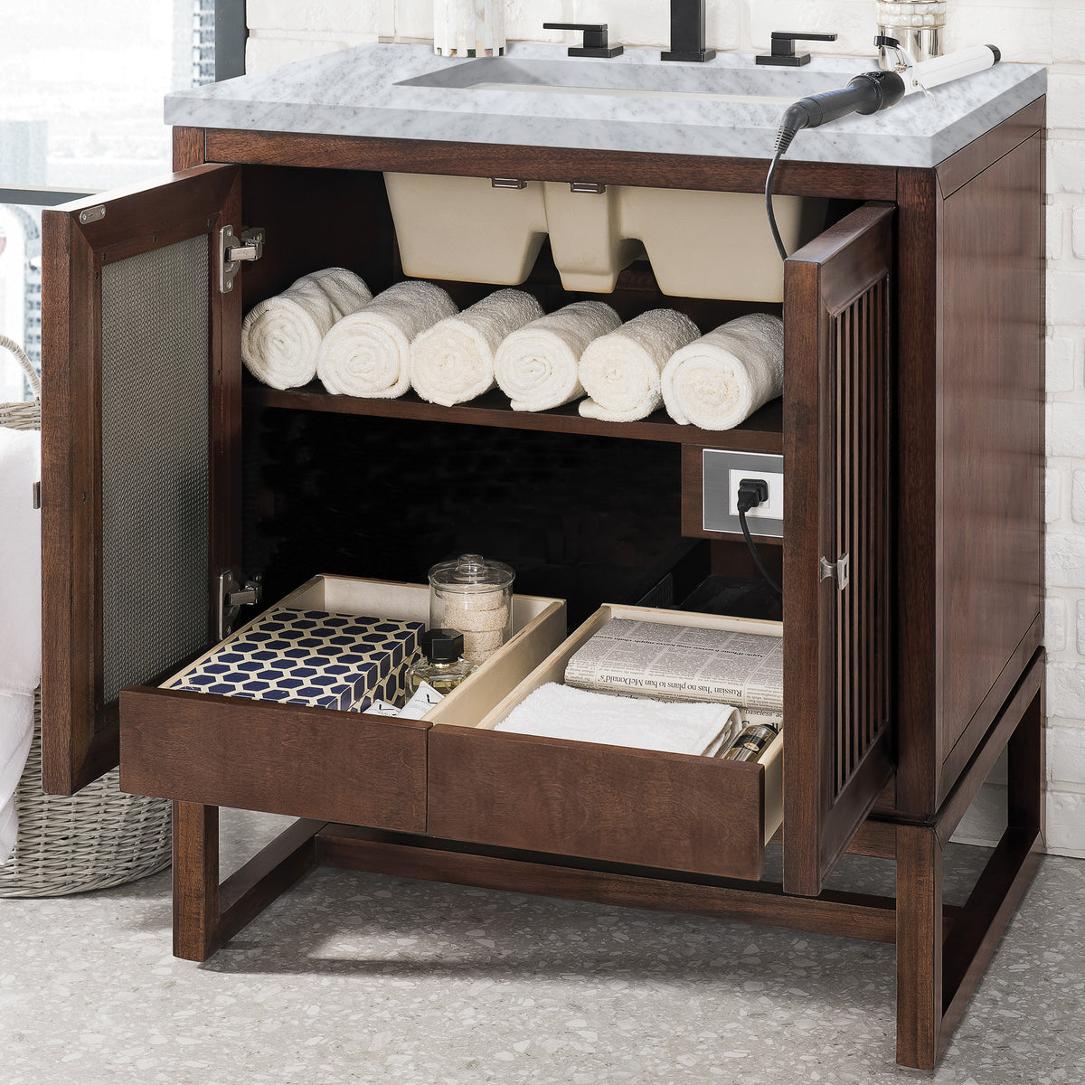 30" Athens Single Vanity Cabinet, Mid-Century Acacia w/ Carrara Marble Top