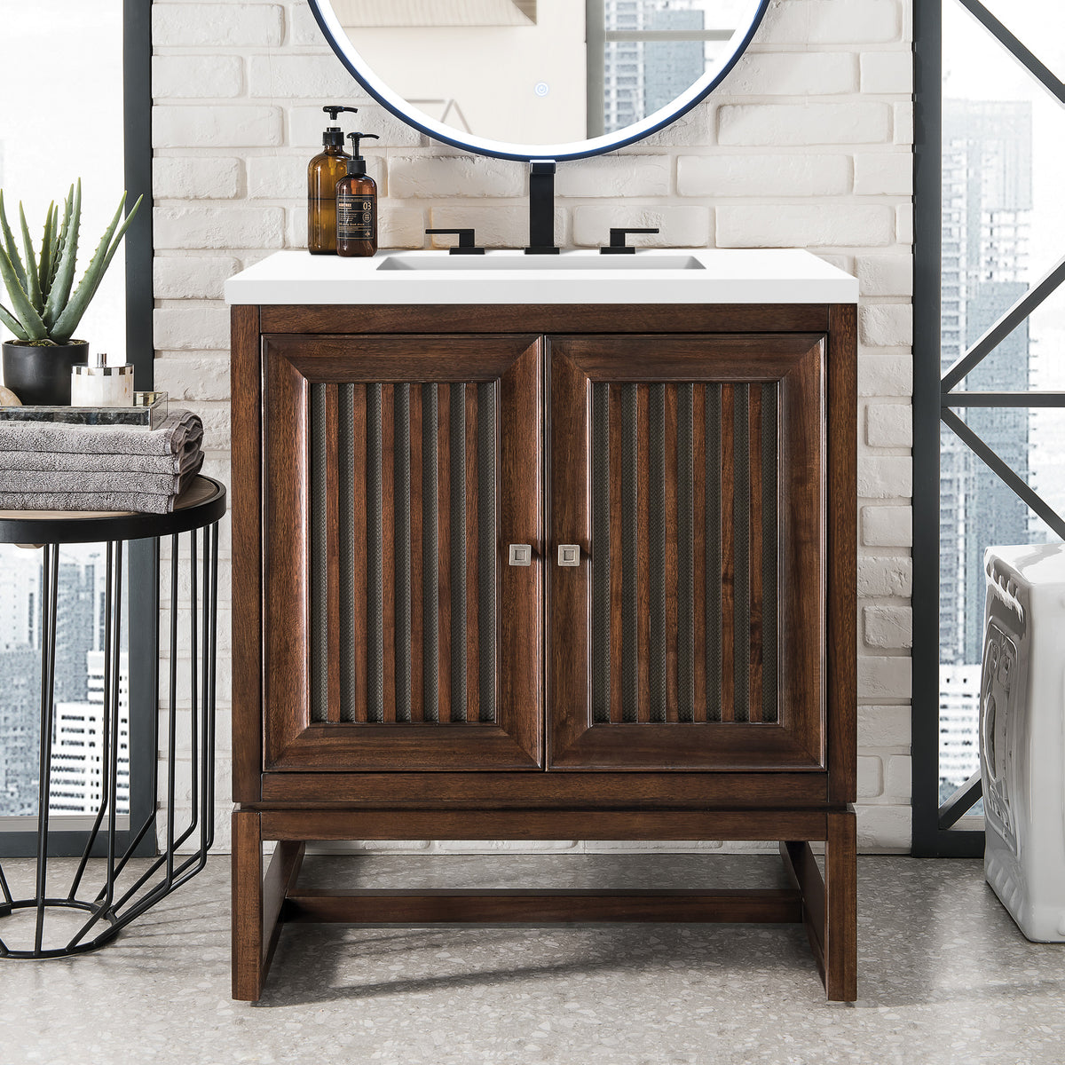 30" Athens Single Vanity Cabinet, Mid-Century Acacia w/ White Zeus Quartz Top