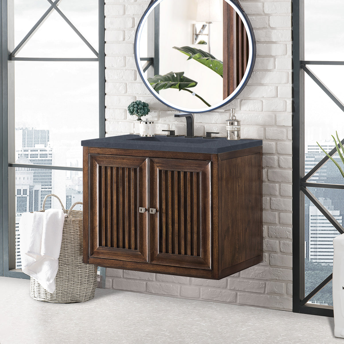 30" Athens Single Vanity Cabinet, Mid-Century Acacia w/ Charcoal Soapstone Quartz Top