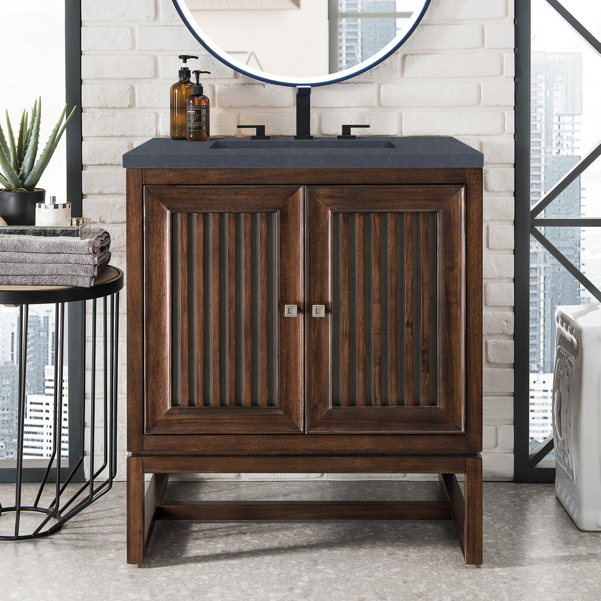 30" Athens Single Vanity Cabinet, Mid-Century Acacia w/ Charcoal Soapstone Quartz Top