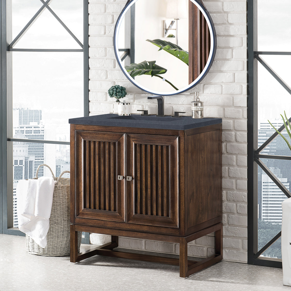 30" Athens Single Vanity Cabinet, Mid-Century Acacia w/ Charcoal Soapstone Quartz Top