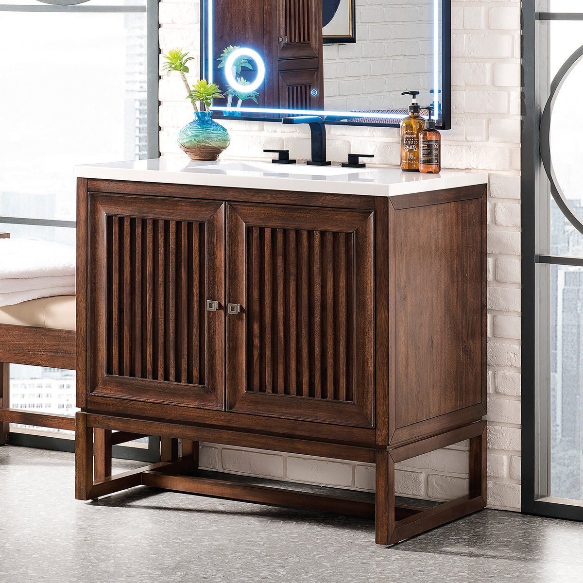 36" Athens Single Bathroom Vanity, Mid-Century Acacia w/ White Zeus Quartz Top