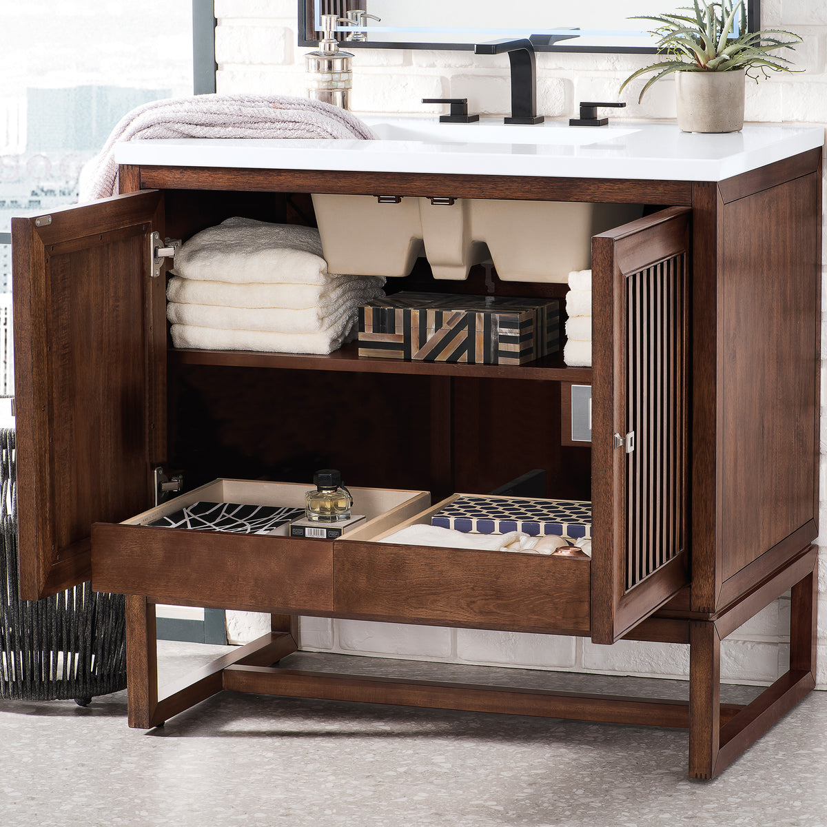 36" Athens Single Bathroom Vanity, Mid-Century Acacia w/ White Zeus Quartz Top