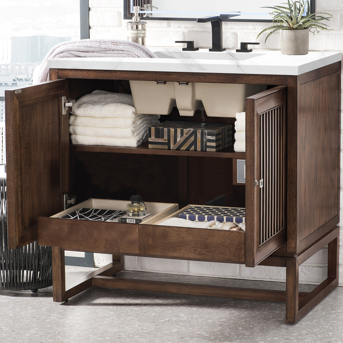 36" Athens Single Bathroom Vanity, Mid-Century Acacia w/ Carrara Marble Top